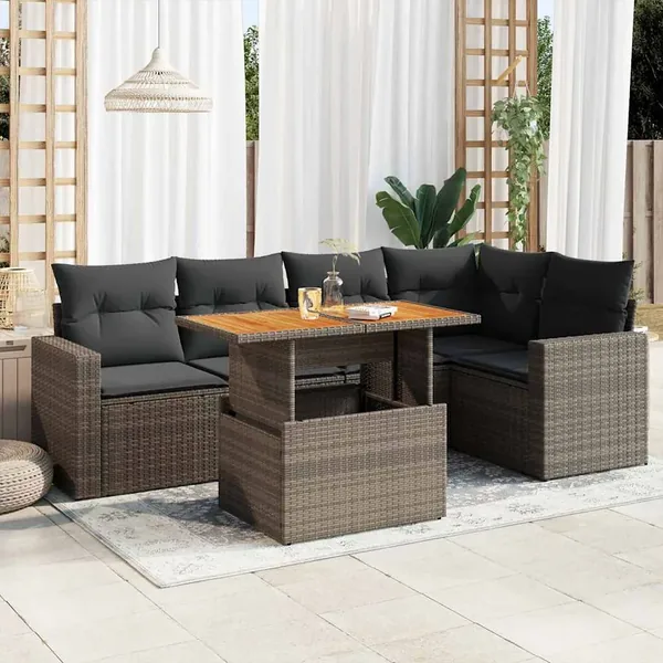 Salon de jardin 6 pcs avec coussins gris résine tressée
