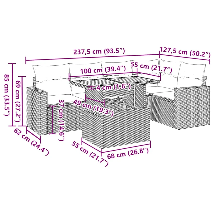 Salon de jardin 6 pcs avec coussins gris résine tressée - 16