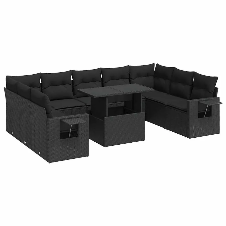 Salon de jardin 10 pcs avec coussins noir résine tressée - 2