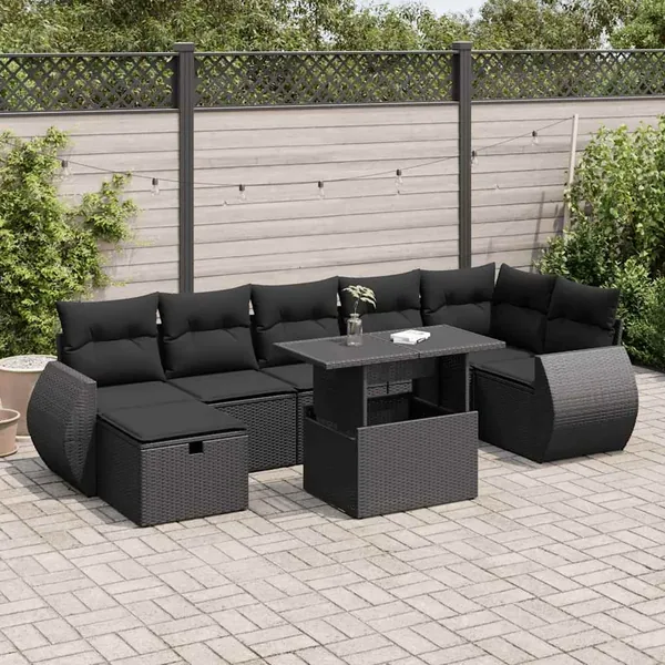 Salon de jardin 8 pcs avec coussins noir résine tressée