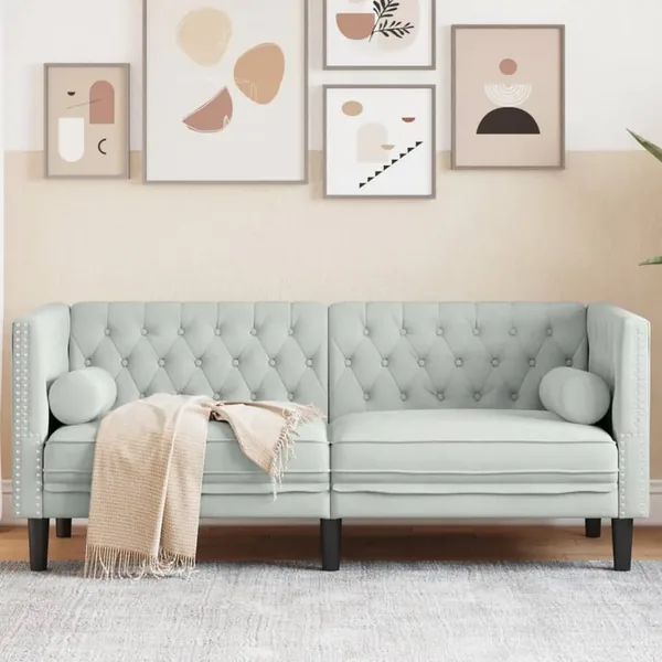 Canapé Chesterfield avec traversins 2 places gris clair velours