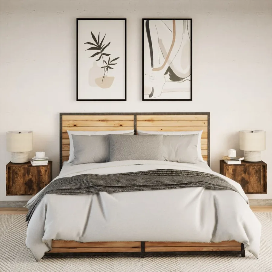 Tables de chevet murales avec lumières LED 2 pcs chêne fumé - 4