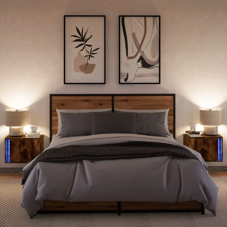 Tables de chevet murales avec lumières LED 2 pcs chêne fumé - 5