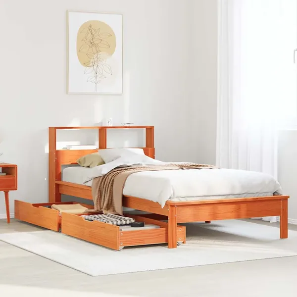 Lit bibliothèque sans matelas cire marron 90x190 cm pin massif