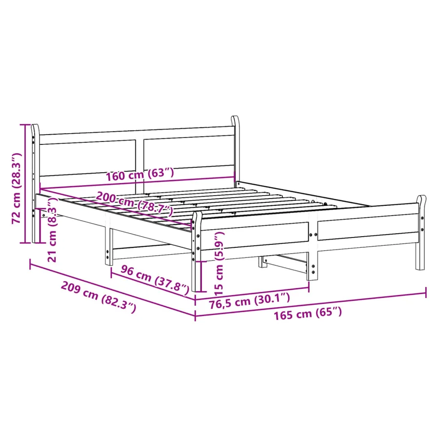 Cadre de lit sans matelas blanc 160x200 cm bois de pin massif - 9