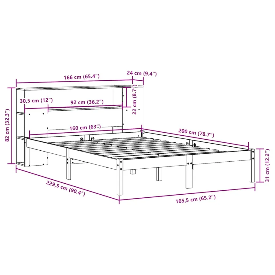 Lit bibliothèque sans matelas blanc 160x200 cm bois pin massif - 12
