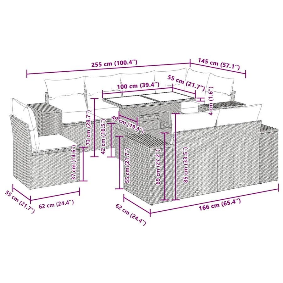 Salon de jardin 7 pcs avec coussins noir résine tressée 62 x 62 x 69 cm - 71,0 kg - 16