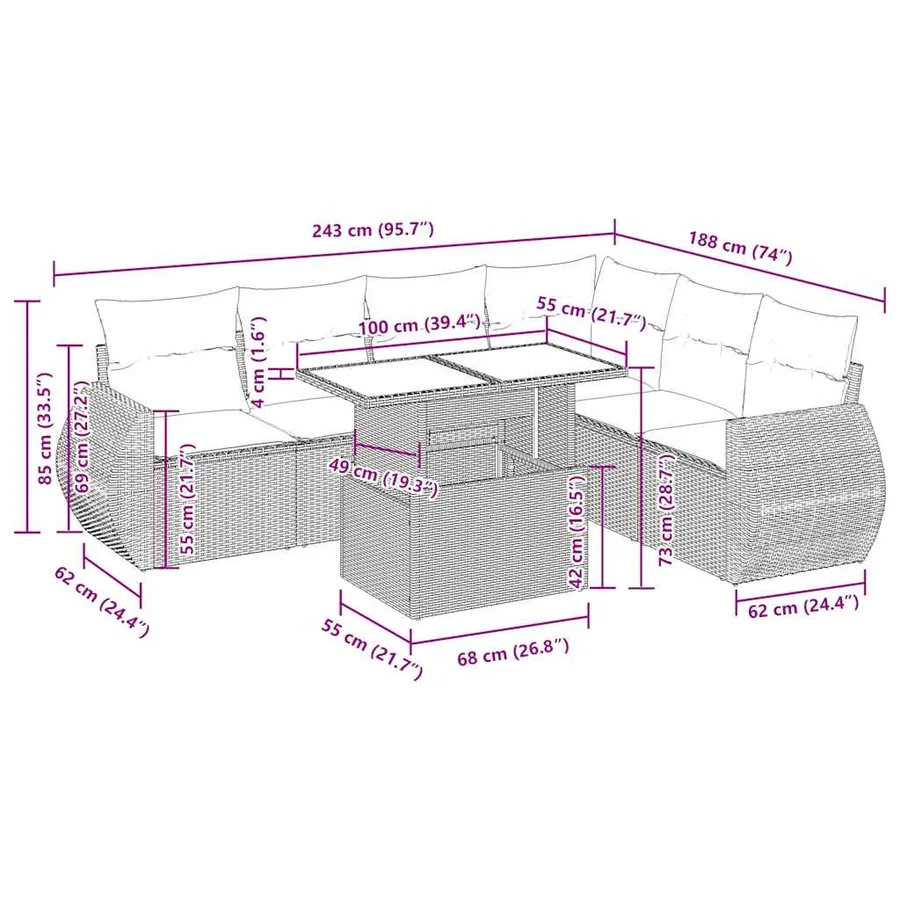 Salon de jardin 7 pcs avec coussins noir résine tressée 55 x 62 x 69 cm - 67,8 kg - 14
