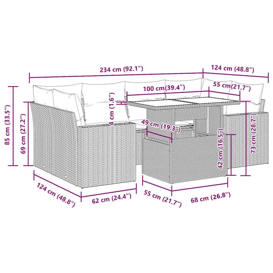 Salon de jardin 7 pcs avec coussins noir résine tressée 55 x 62 x 69 cm - 70,0 kg - 13