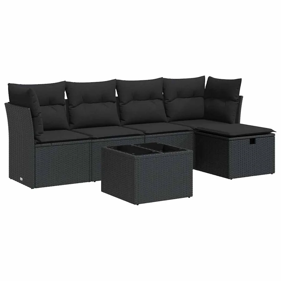 Salon de jardin 6 pcs avec coussins noir résine tressée - 2