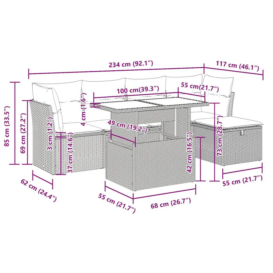 Salon de jardin 6 pcs avec coussins noir résine tressée - 11
