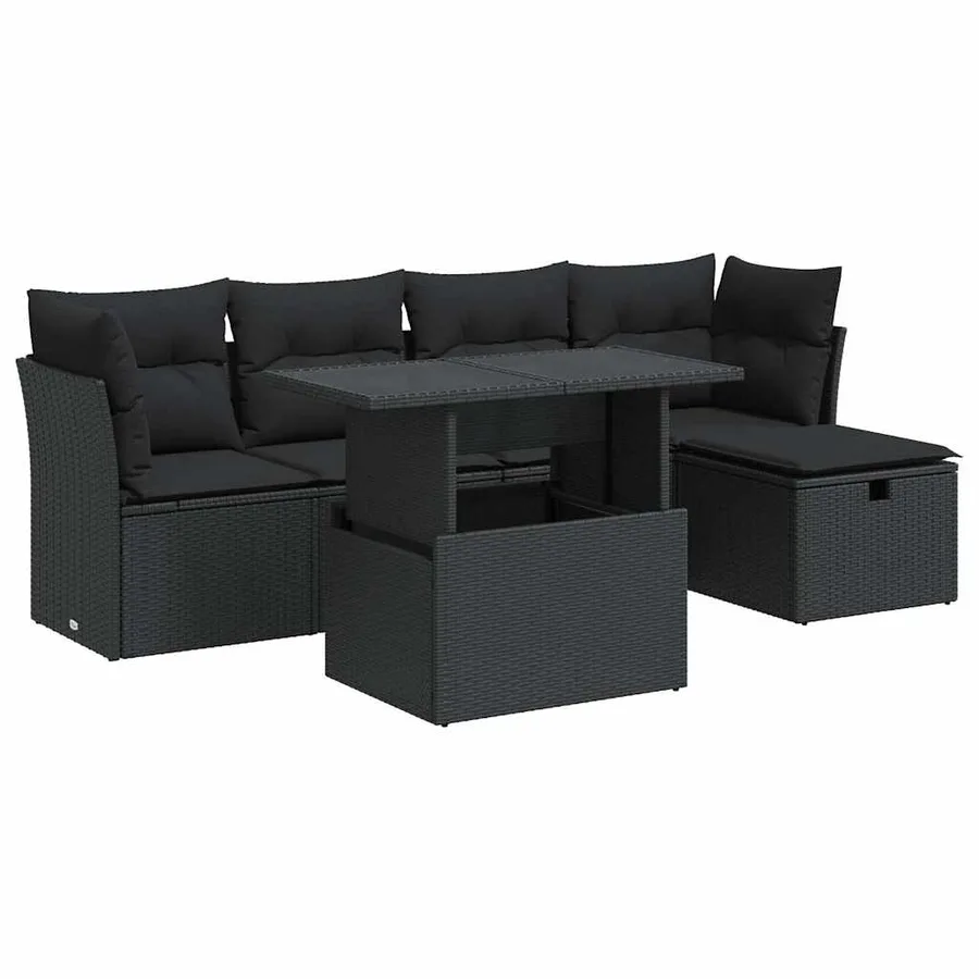 Salon de jardin 6 pcs avec coussins noir résine tressée - 2