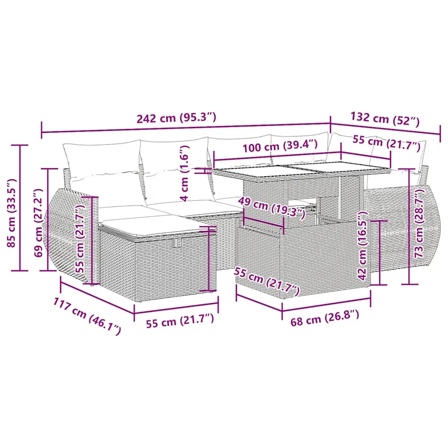 Salon de jardin 7 pcs avec coussins noir résine tressée 62 x 62 x 69 cm - 68,0 kg - 17