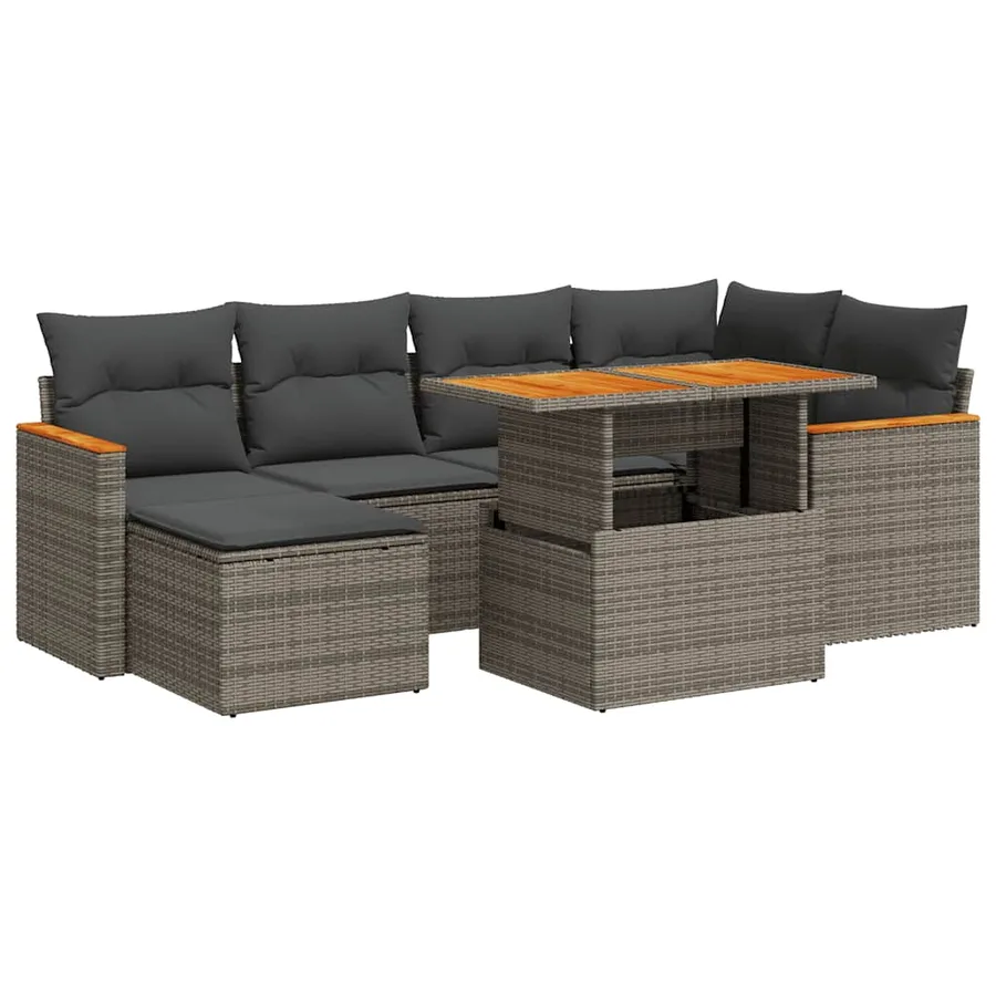 Salon de jardin avec coussins 7 pcs gris résine tressée acacia - 2