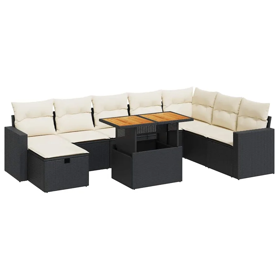 Salon de jardin avec coussins 9 pcs noir résine tressée acacia - 2