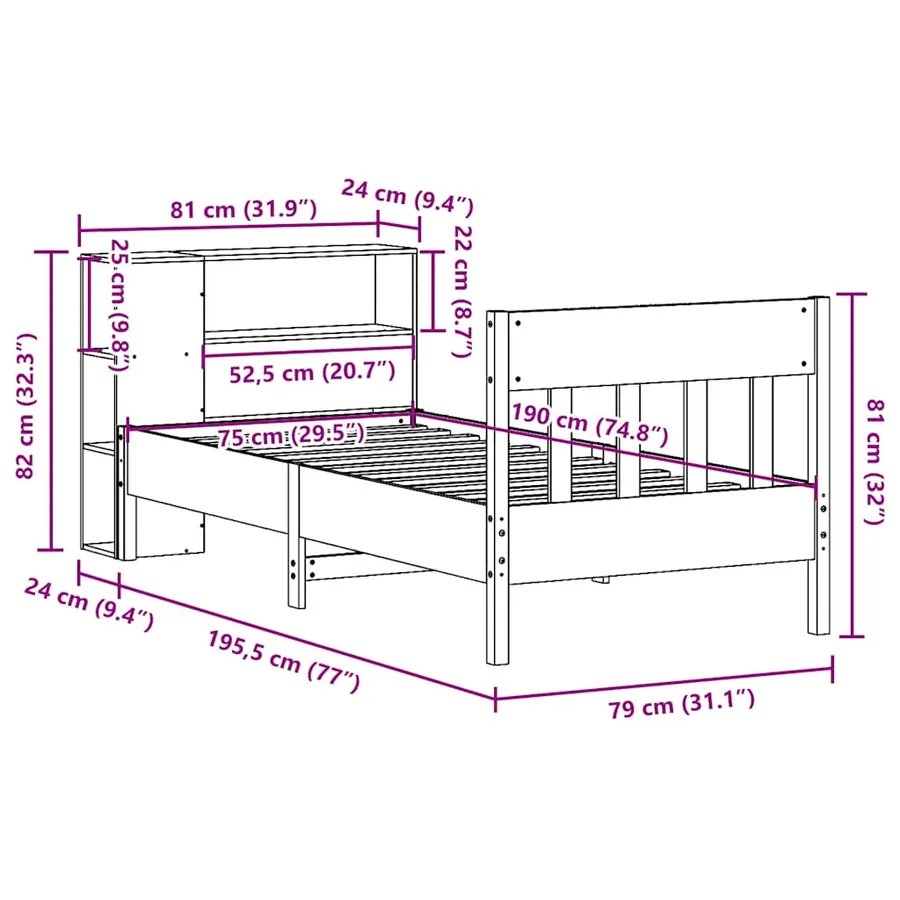 Lit bibliothèque sans matelas 75x190 cm bois de pin massif - 12