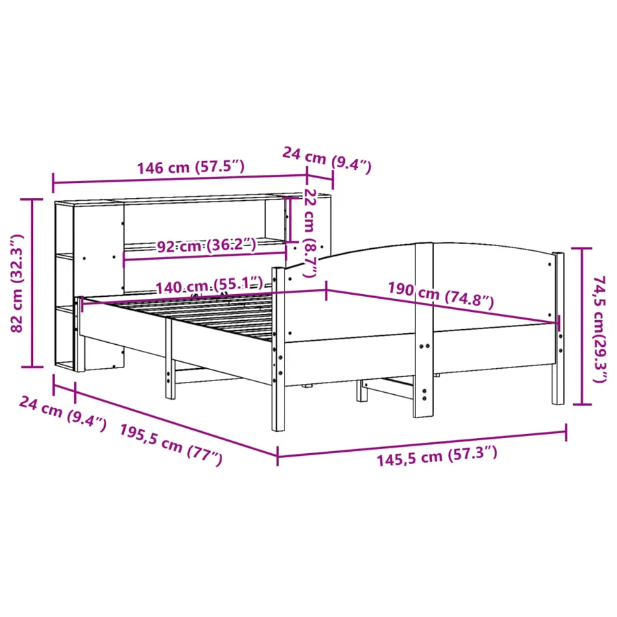Lit bibliothèque sans matelas blanc 140x190 cm bois pin massif - 12