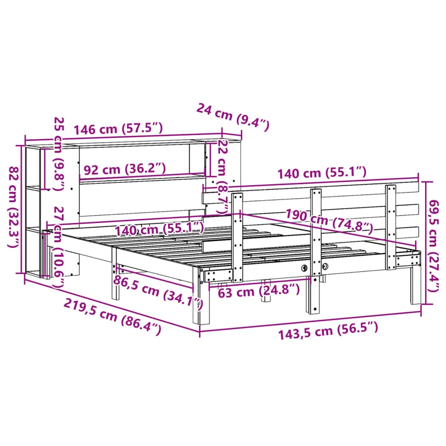 Lit bibliothèque sans matelas blanc 140x190 cm bois pin massif - 11