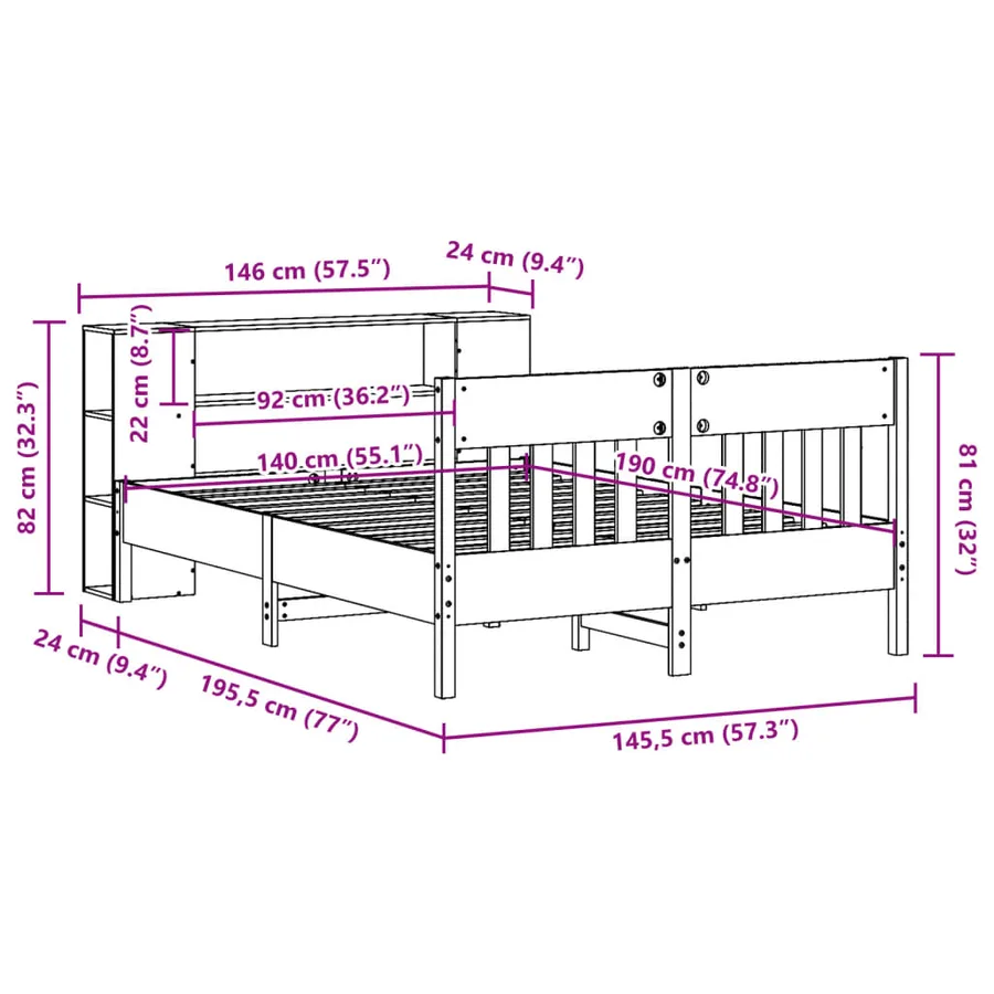 Lit bibliothèque sans matelas blanc 140x190 cm bois pin massif - 12