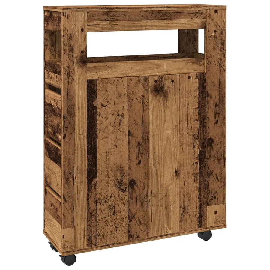 Meuble étroit de salle de bain à roulettes vieux bois - 2