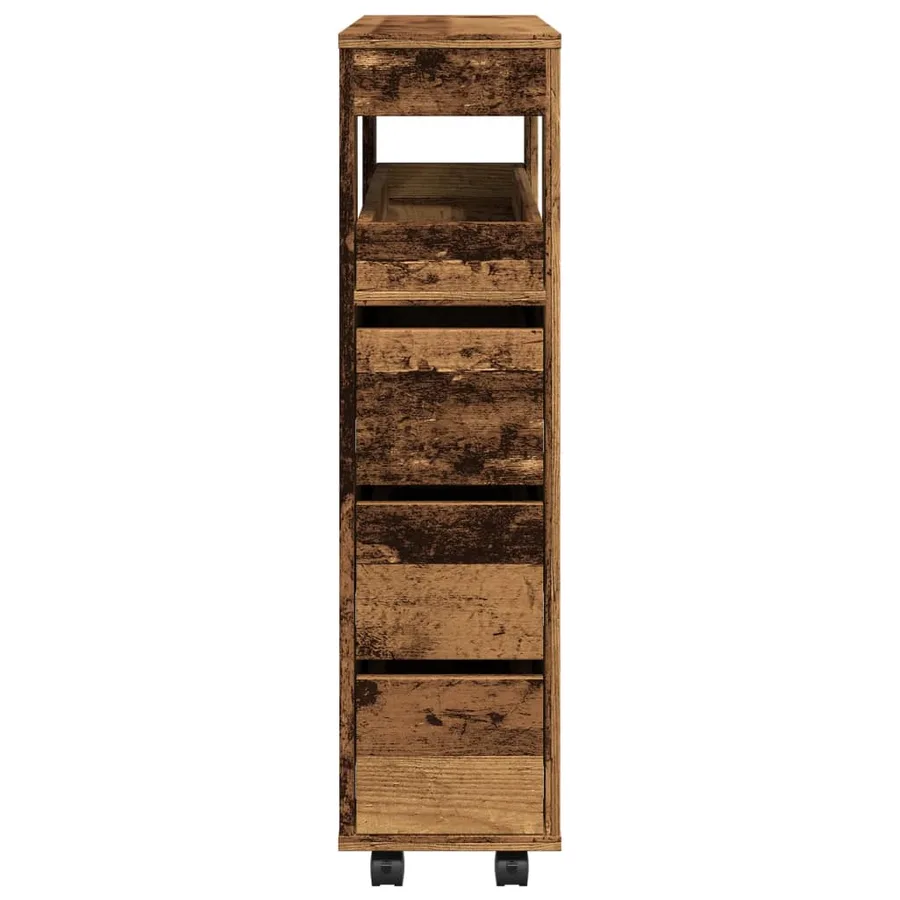 Meuble étroit de salle de bain à roulettes vieux bois - 5