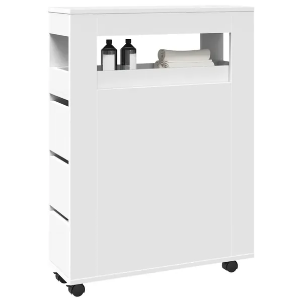 Meuble étroit de salle de bain à roulettes blanc