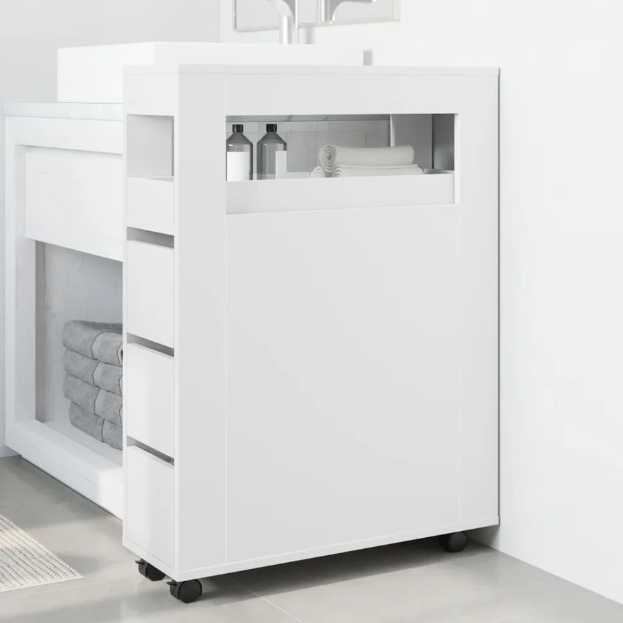 Meuble étroit de salle de bain à roulettes blanc - 3