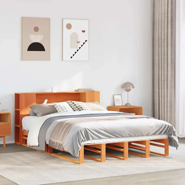 Lit bibliothèque sans matelas cire marron 140x190cm bois massif