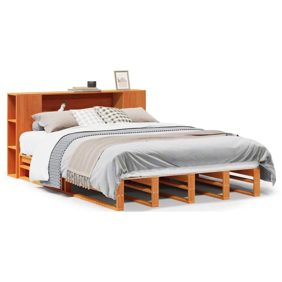 Lit bibliothèque sans matelas cire marron 140x190cm bois massif - 2