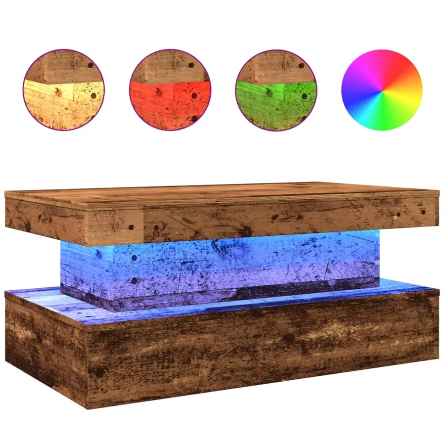 Table basse avec lumières LED vieux bois 90x50x40 cm - 2