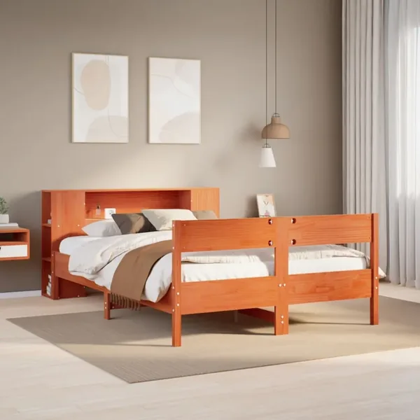 Lit bibliothèque sans matelas cire marron 135x190 cm pin massif