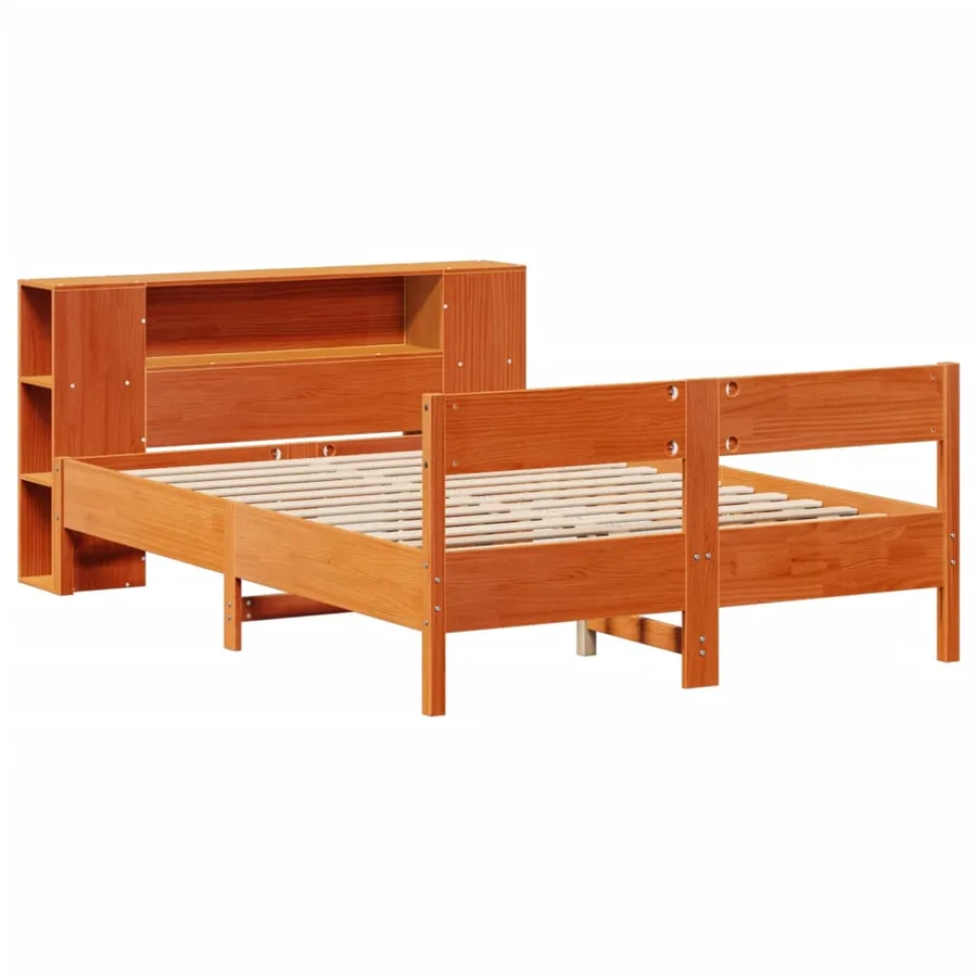 Lit bibliothèque sans matelas cire marron 135x190 cm pin massif - 3