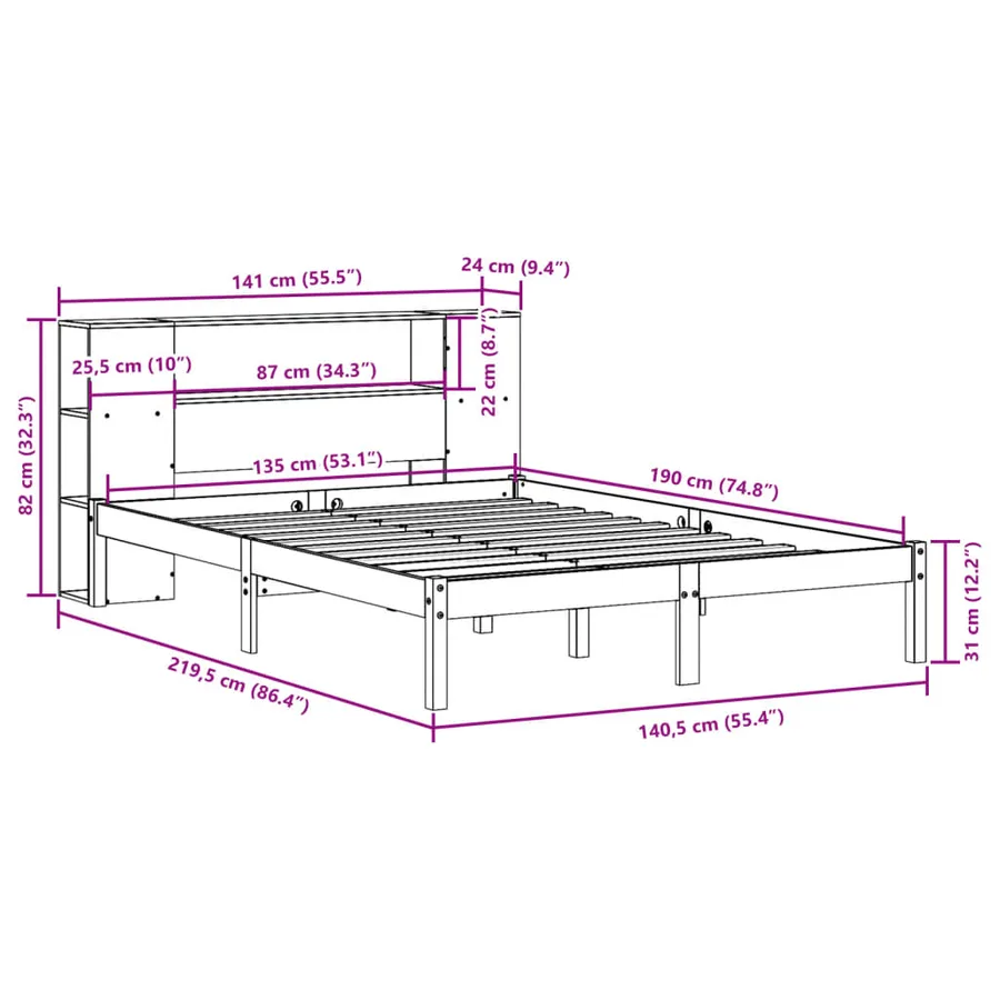 Lit bibliothèque sans matelas cire marron 135x190 cm pin massif - 12