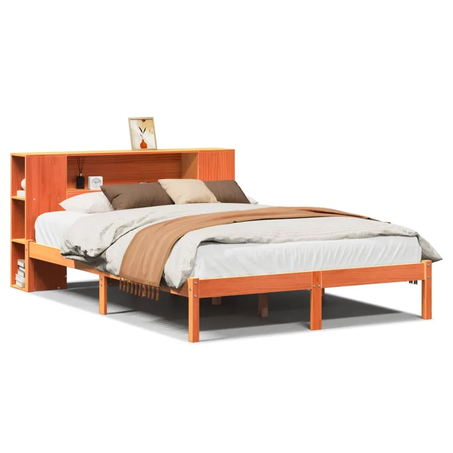 Lit bibliothèque sans matelas cire marron 135x190 cm pin massif - 2