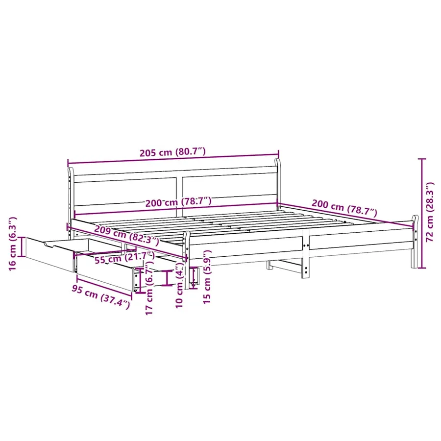 Cadre de lit sans matelas cire marron 200x200cm bois pin massif - 12