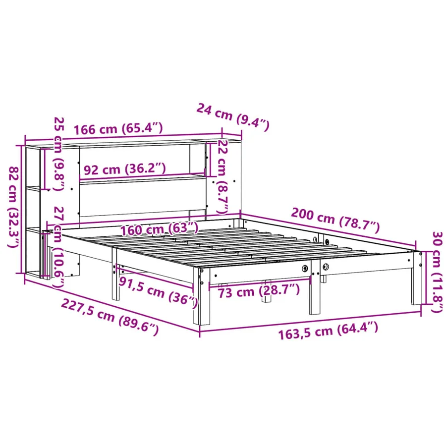 Lit bibliothèque sans matelas 160x200 cm bois massif de pin - 11