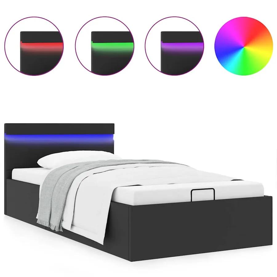 Cadre de lit à rangement hydraulique sans matelas avec LED noir - 2