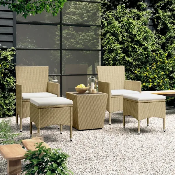 Ensemble de bistro 5 pcs Résine tressée et verre trempé Beige