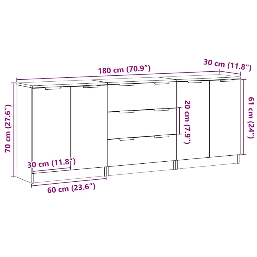 Buffets 3 pcs vieux bois 60x30x70 cm bois d'ingénierie - 9