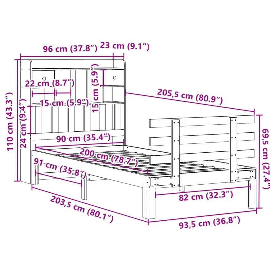 Lit bibliothèque sans matelas blanc 90x200cm bois de pin massif - 11