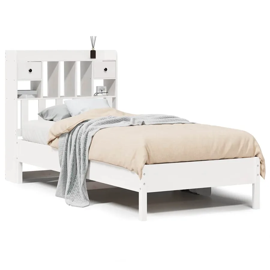 Lit bibliothèque sans matelas blanc 90x200cm bois de pin massif - 2