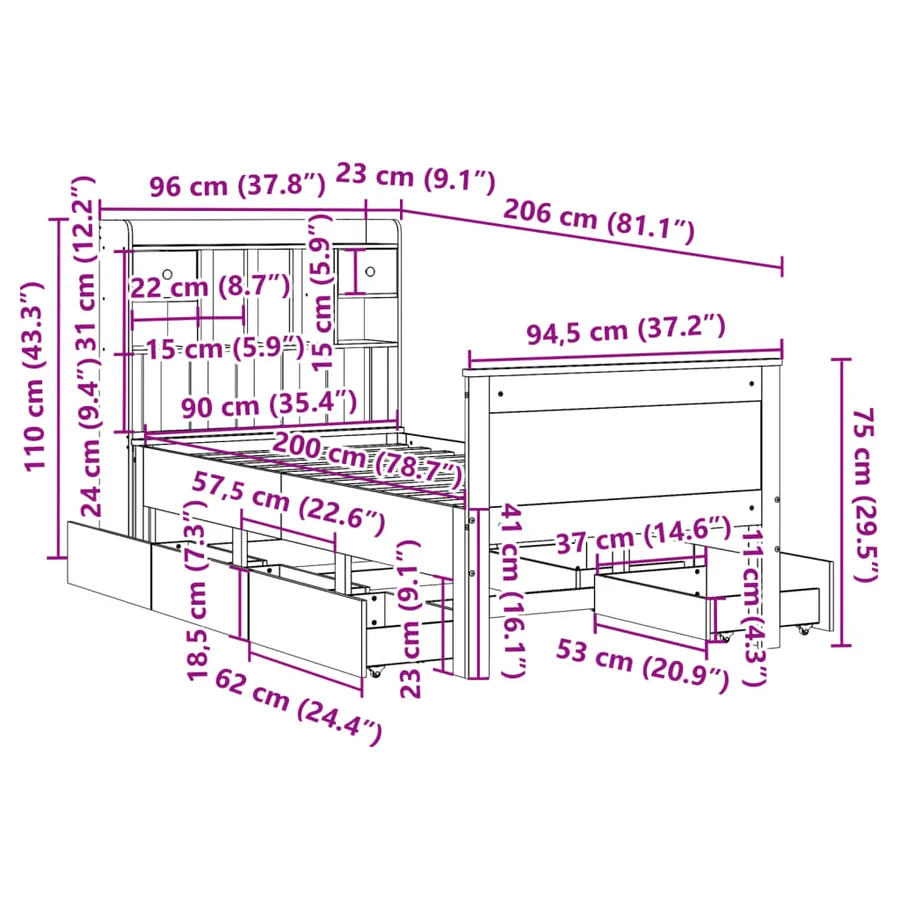 Lit bibliothèque sans matelas blanc 90x200cm bois de pin massif - 15
