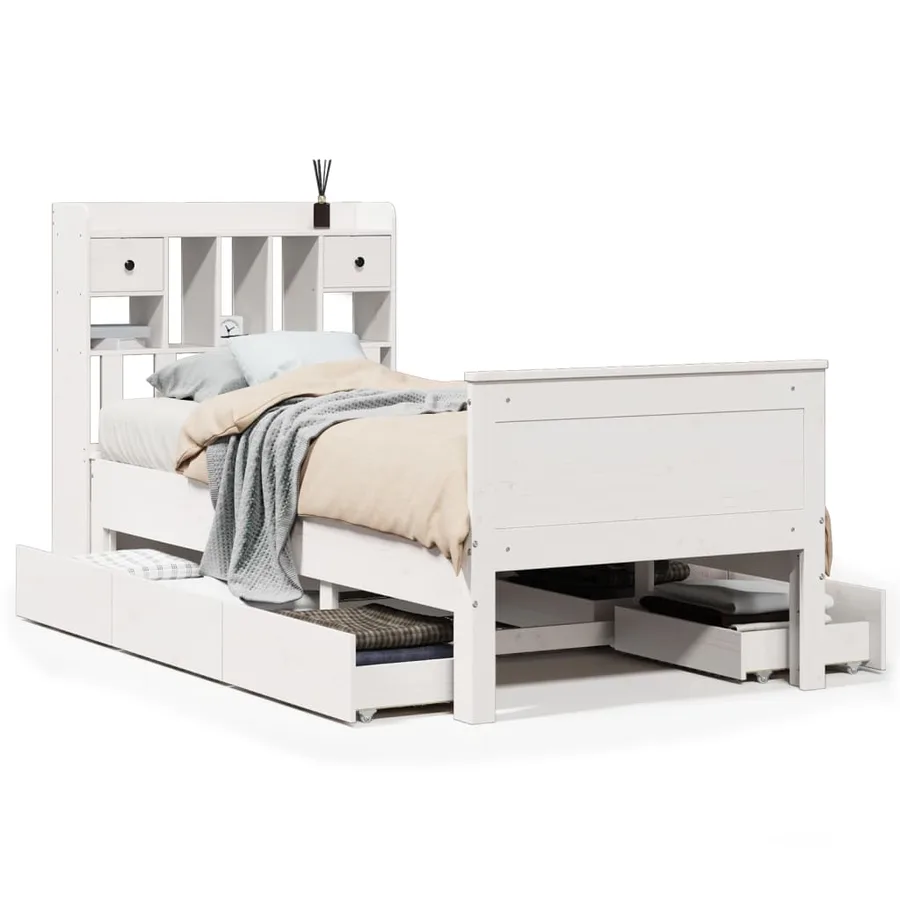 Lit bibliothèque sans matelas blanc 90x200cm bois de pin massif - 2