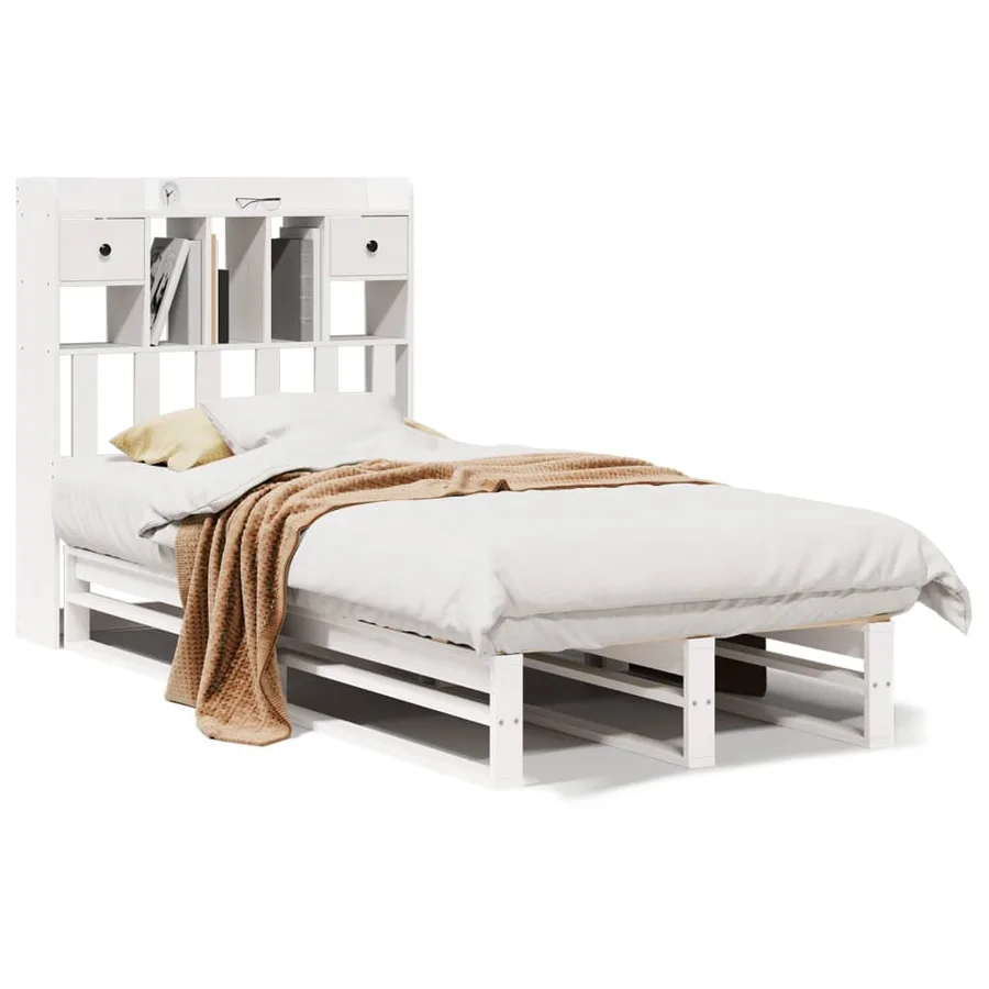 Lit bibliothèque sans matelas blanc 75x190cm bois de pin massif - 2