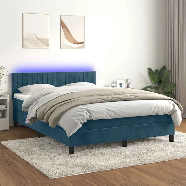 Sommier à lattes de lit avec matelas LED Bleu foncé 140x190 cm