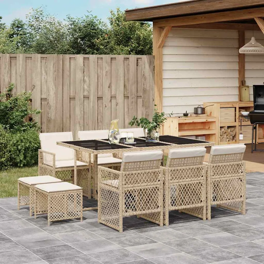 Ensemble à manger de jardin et coussins 11 pcs beige poly rotin