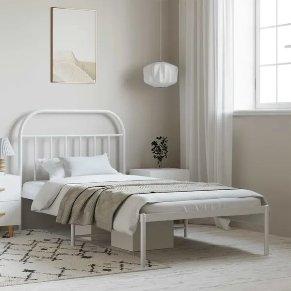Cadre de lit métal sans matelas et tête de lit blanc 100x190 cm