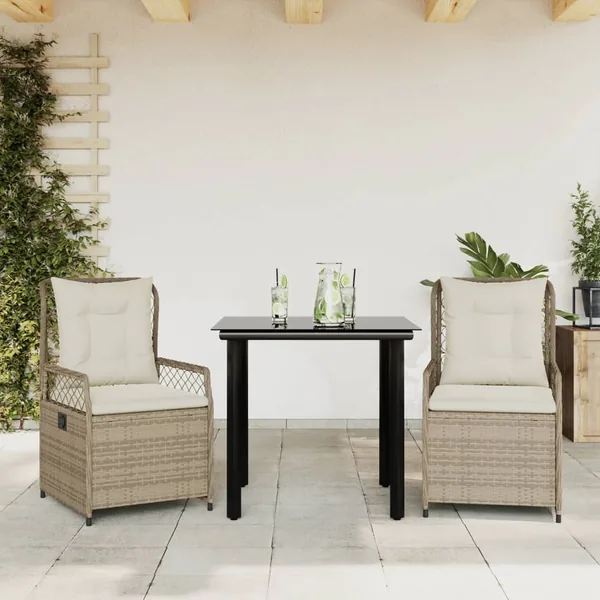 Ensemble à manger de jardin et coussins 3 pcs Beige poly rotin