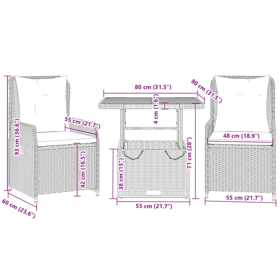 Ensemble de bistro 3 pcs avec coussins beige résine tressée - 9