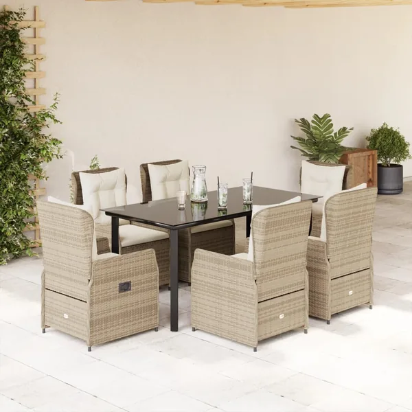 Ensemble à manger de jardin et coussins 7 pcs beige poly rotin